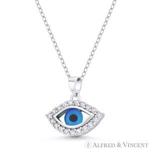 Evil Eye Luck Charm Glass Bead CZ Crystal Pendant in .925 Sterling Silver